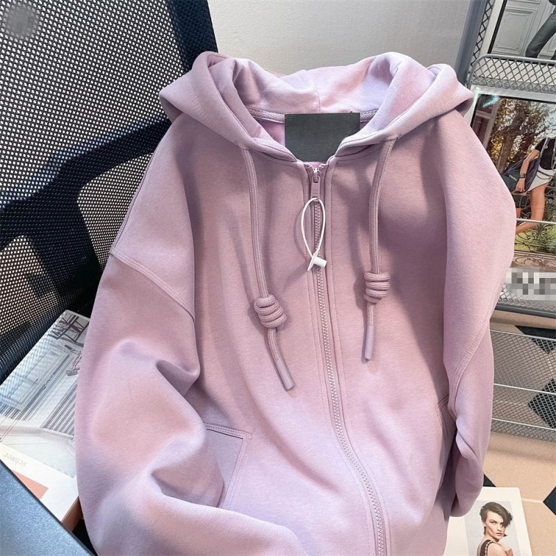 Cardigan fleece pentru femei cu glugă și fermoar, amestec de bumbac-poliester, croială lejeră, lungime medie