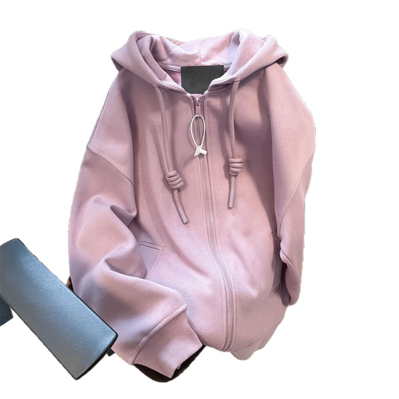 Cardigan fleece pentru femei cu glugă și fermoar, amestec de bumbac-poliester, croială lejeră, lungime medie