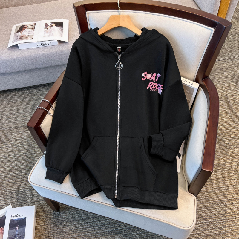 Damski zip cardigan s kapuljom, japansko-korejski casual stil, pamuk, 50–70% pamuka, dugi rukavi