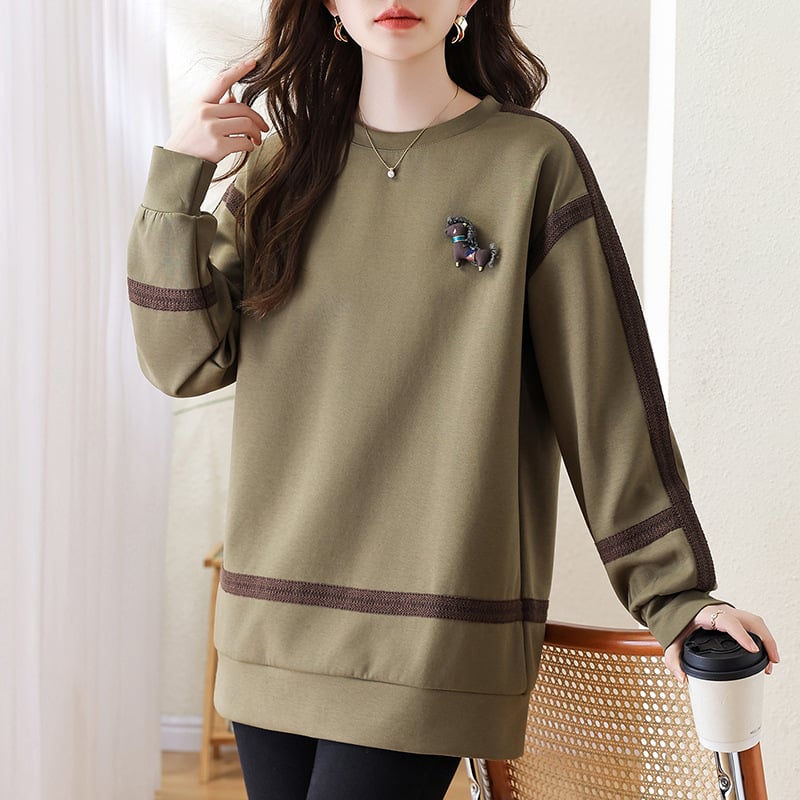 Női pamut patchwork hímzett pulóver, közepes hosszúságú, hosszú ujjú, kerek nyakú, vastag anyag.