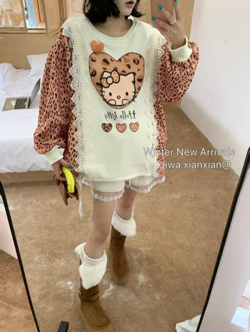 Moteriški kapuciniai džemperiai su leopardų raštu rankovėse, nėrinių apdaila, karikatūrų atspaudas, laisvas kirpimas, medvilnės-poliesterio mišinys