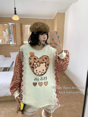 Moteriški kapuciniai džemperiai su leopardų raštu rankovėse, nėrinių apdaila, karikatūrų atspaudas, laisvas kirpimas, medvilnės-poliesterio mišinys