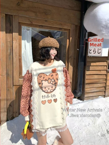 Moteriški kapuciniai džemperiai su leopardų raštu rankovėse, nėrinių apdaila, karikatūrų atspaudas, laisvas kirpimas, medvilnės-poliesterio mišinys