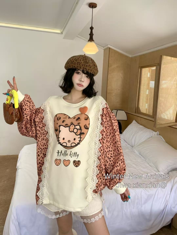 Moteriški kapuciniai džemperiai su leopardų raštu rankovėse, nėrinių apdaila, karikatūrų atspaudas, laisvas kirpimas, medvilnės-poliesterio mišinys