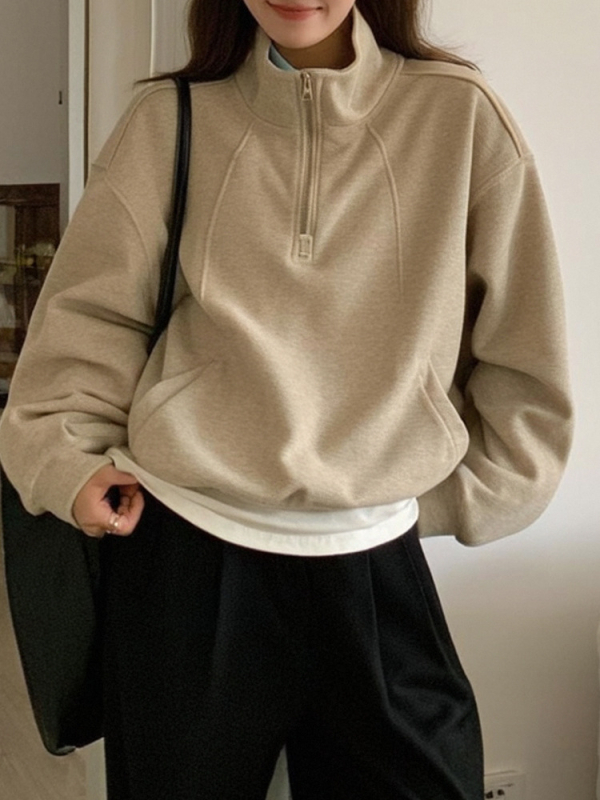 Ženski fleksi džemper s kapuljom, opušten kroj, polu-zip ovratnik, jednobojna