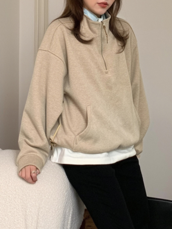 Ženski fleksi džemper s kapuljom, opušten kroj, polu-zip ovratnik, jednobojna