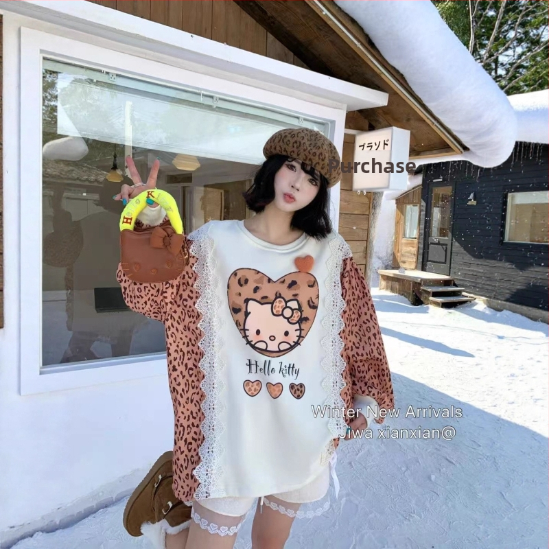 Leopardų spaudinys kapusinė megztinė su karikatūros atspaudais, laisvas kirpimas, medvilnės-poliesterio mišinio audinys, Huamian mezginys, apvalus kaklas, ilgos rankovės, vidutinio ilgio, žiema 2025