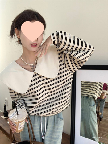 Moteriškas korėjietiško stiliaus džemperis su lėlės apykakle, dryžuotos, ilgos rankovės, pavasaris 2025, Chenille audinys, 90–95% spandeksas