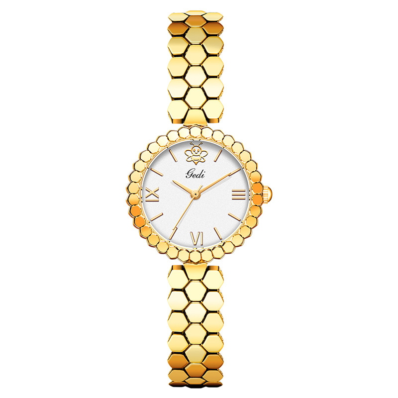 Ceas de damă cu brățară din aliaj în design fagure, cuarț Gödel GEDI, rezistență la apă 30M, model 52098