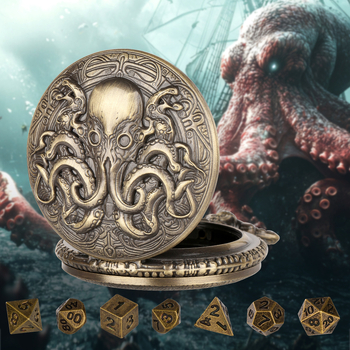 DND dobókocka kiegészítő zsebóra tok polip dizájnnal, számlap átmérője 45 mm, tok anyaga: cink ötvözet, vastagság: 15 mm, számlap forma: kör, korona típusa: spirál