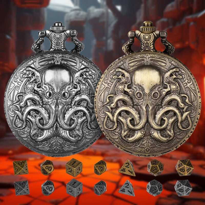 DND dobókocka kiegészítő zsebóra tok polip dizájnnal, számlap átmérője 45 mm, tok anyaga: cink ötvözet, vastagság: 15 mm, számlap forma: kör, korona típusa: spirál