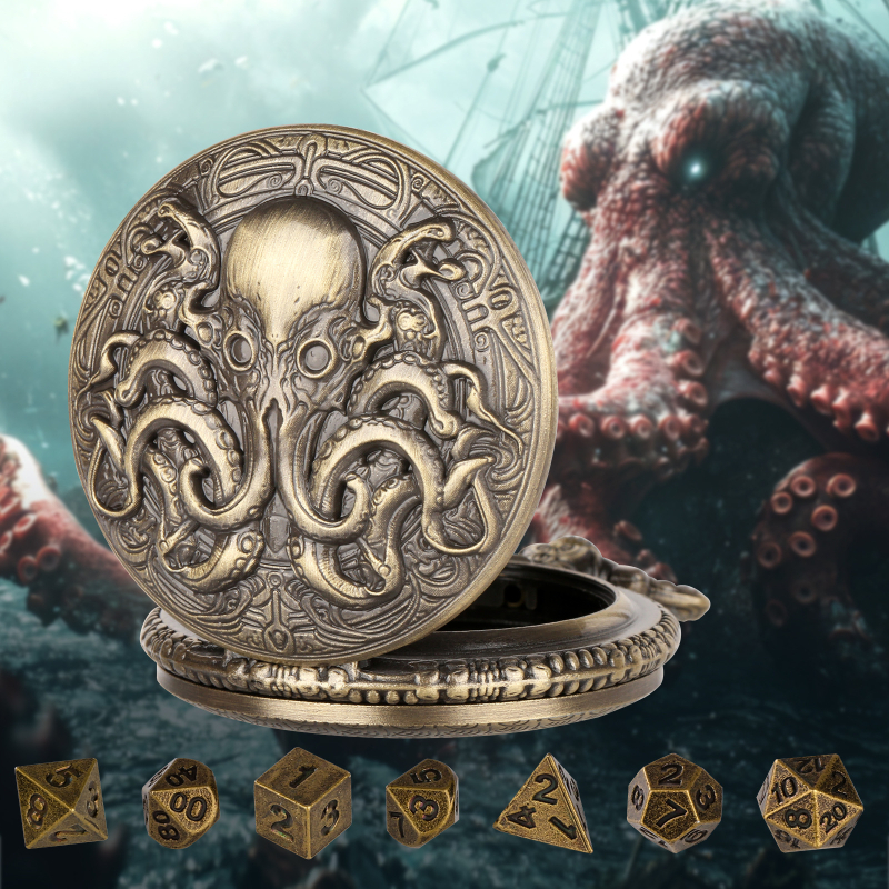 DND dobókocka kiegészítő zsebóra tok polip dizájnnal, számlap átmérője 45 mm, tok anyaga: cink ötvözet, vastagság: 15 mm, számlap forma: kör, korona típusa: spirál