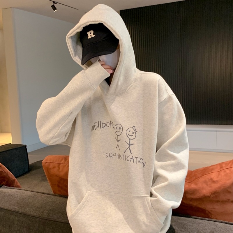 Fleece bevonat kapucnis pulóver, 3D mintázat, laza szabás, Koreai stílus, 95% pamut