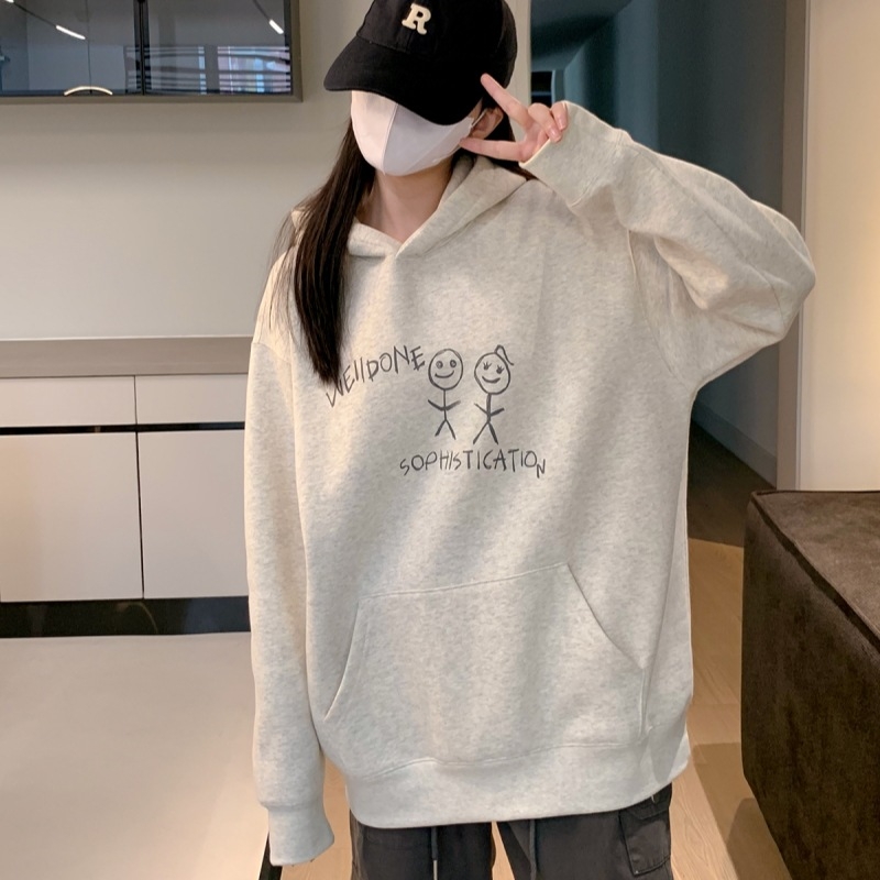 Fleece bevonat kapucnis pulóver, 3D mintázat, laza szabás, Koreai stílus, 95% pamut