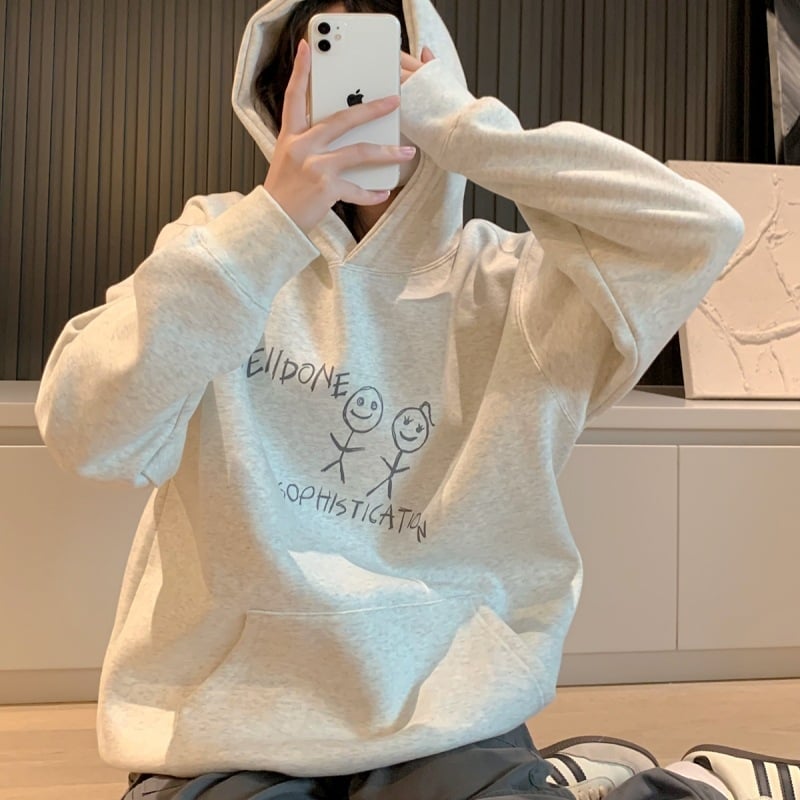 Fleece bevonat kapucnis pulóver, 3D mintázat, laza szabás, Koreai stílus, 95% pamut