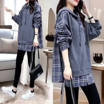 Női pamut kockás kapucnis laza szabású pulóver