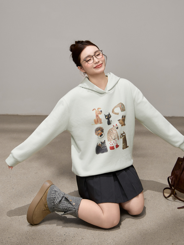 Džemperis su gobtuvu iš medvilnės, fliso viduje, storas, laisvas kirpimas, ilgos rankovės