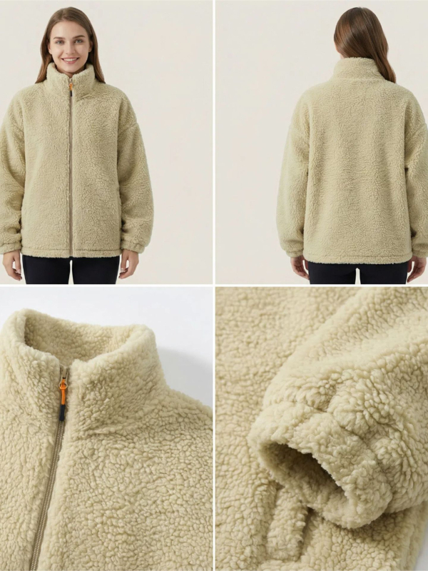 Dámska fleecová bunda, lambswool látka, hrubá, stojací golier, zips