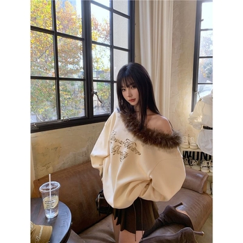 Pulover dama din chenille cu guler detașabil din blană și detaliu cu cristale, guler polo, mâneci lungi, amestec Spandex sub 30%