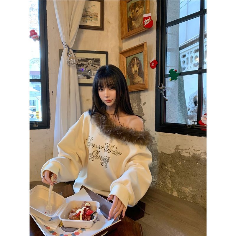 Pulover dama din chenille cu guler detașabil din blană și detaliu cu cristale, guler polo, mâneci lungi, amestec Spandex sub 30%