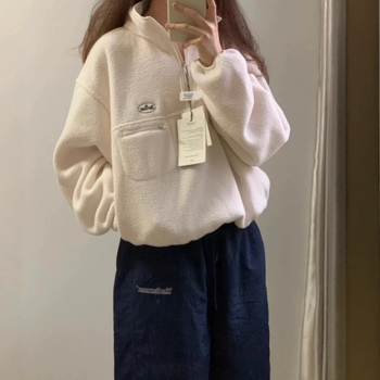 Hanorac din fleece cu broderie, fermoar parțial, glugă, croială lejeră, bumbac 95%+, lungime medie, iarna 2025