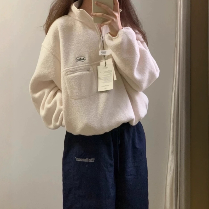 Hanorac din fleece cu broderie, fermoar parțial, glugă, croială lejeră, bumbac 95%+, lungime medie, iarna 2025