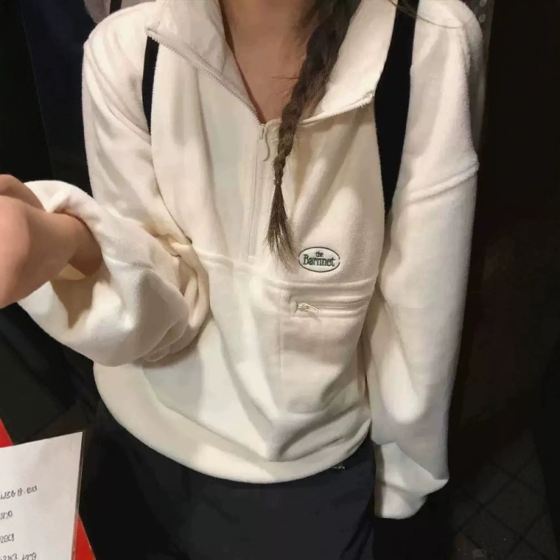 Hanorac din fleece cu broderie, fermoar parțial, glugă, croială lejeră, bumbac 95%+, lungime medie, iarna 2025