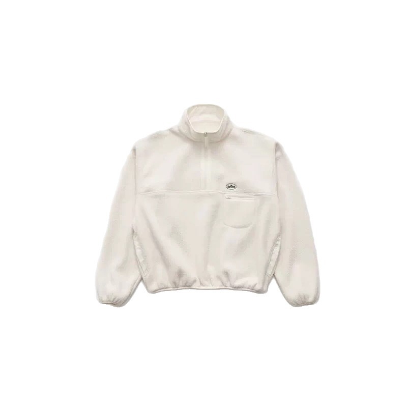 Hanorac din fleece cu broderie, fermoar parțial, glugă, croială lejeră, bumbac 95%+, lungime medie, iarna 2025