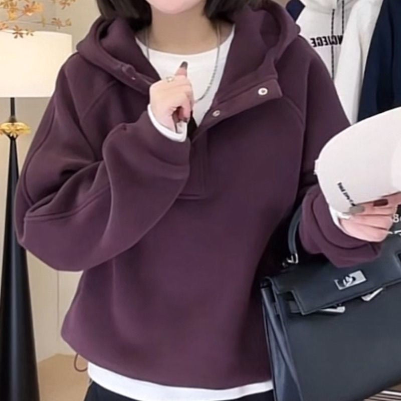 Hanorac de fleece cu glugă, material modal, șnur de reglare, lungime ultra-scurtă