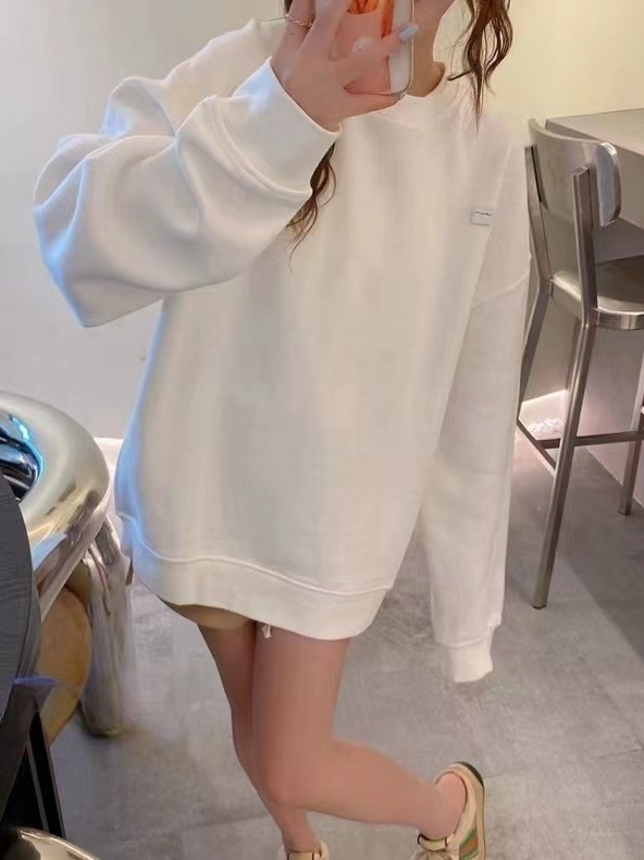 Pulover din bumbac cu guler rotund, căptușit cu fleece, gros, croi lejer