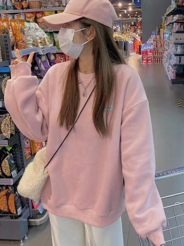 Pulover din bumbac cu guler rotund, căptușit cu fleece, gros, croi lejer