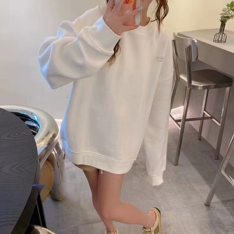 Pulover din bumbac cu guler rotund, căptușit cu fleece, gros, croi lejer