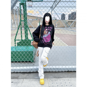 Hanorac damă cu croială lejeră din bumbac-fleece, guler rotund, mâneci lungi, imprimeu