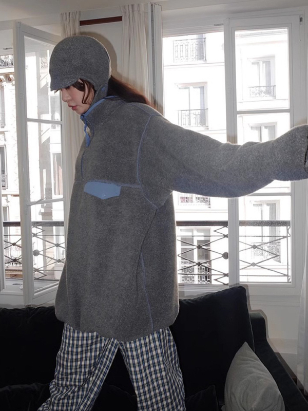 Hanorac din fleece cu guler înalt, broderie cu miel, croială lejeră, mâneci lungi, poliester, model anime, stil coreean, iarnă 2024