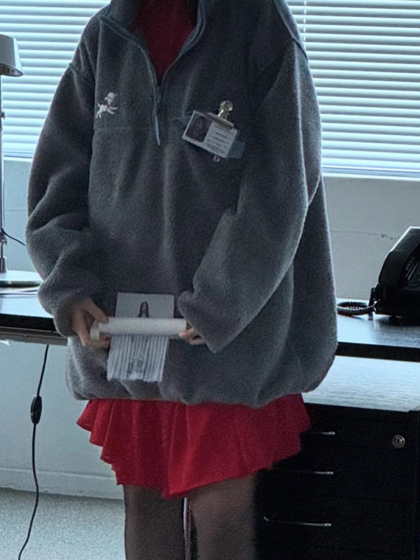 Hanorac din fleece cu guler înalt, broderie cu miel, croială lejeră, mâneci lungi, poliester, model anime, stil coreean, iarnă 2024