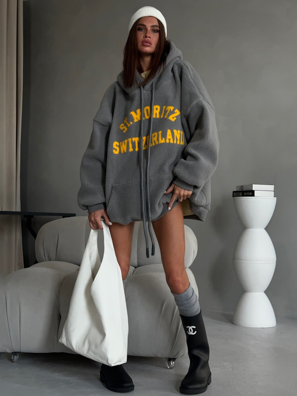 Kapuljačasta dukserica s natpisom slovima, fleece, poliester 95%+, širok kroj, srednja duljina