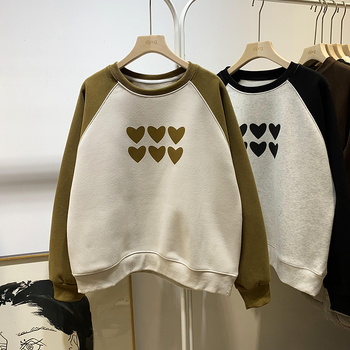 Γυναικείο πουλόβερ με φλίς εσωτερικά και σχέδιο καρδιάς, Raglan μανίκι, βαμβακερό, casual στιλ, μεσαίας θερμότητας