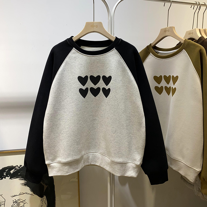 Γυναικείο πουλόβερ με φλίς εσωτερικά και σχέδιο καρδιάς, Raglan μανίκι, βαμβακερό, casual στιλ, μεσαίας θερμότητας