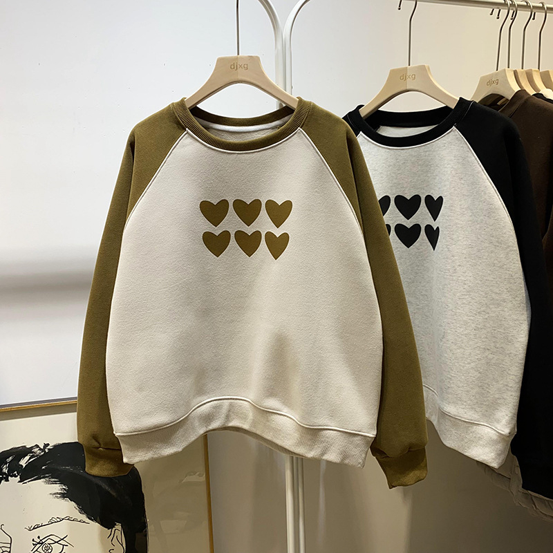 Γυναικείο πουλόβερ με φλίς εσωτερικά και σχέδιο καρδιάς, Raglan μανίκι, βαμβακερό, casual στιλ, μεσαίας θερμότητας