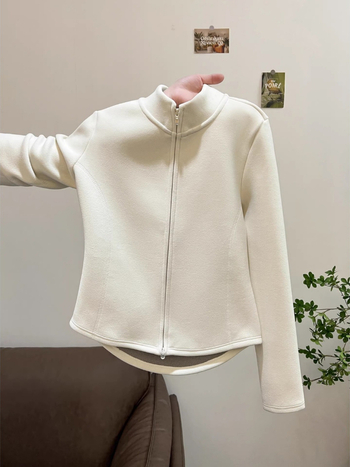 Cardigan damă din fleece de poliester cu guler înalt, fermoar complet, mâneci lungi, lungime normală