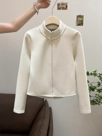 Cardigan damă din fleece de poliester cu guler înalt, fermoar complet, mâneci lungi, lungime normală