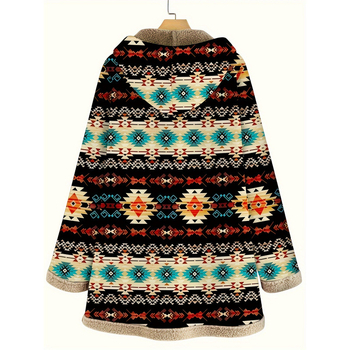 Φούτερ με κουκούλα από chenille, μακρύς σιλουέτας, εκτύπωση, polo γιακά και κορδόνι μπροστά