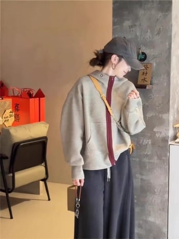 Ženska debela kapuljača dukserica jakna, slobodan kroj, zatvarač, pamuk-poliester smjesa, zima 2025