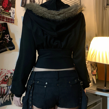 Cardigan cu glugă și fermoar, talie strânsă, design patchwork, lungime scurtă, slim-fit