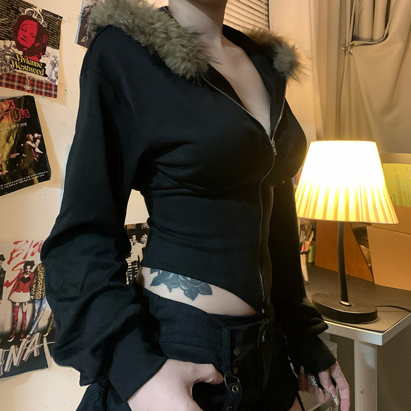 Cardigan cu glugă și fermoar, talie strânsă, design patchwork, lungime scurtă, slim-fit