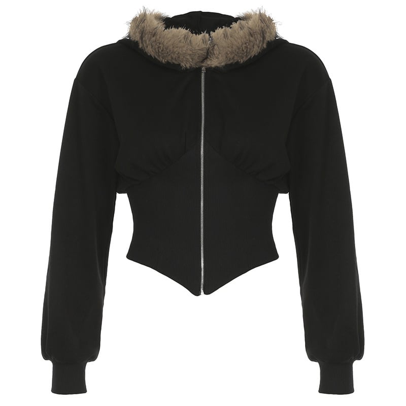 Cardigan cu glugă și fermoar, talie strânsă, design patchwork, lungime scurtă, slim-fit