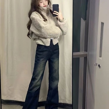 Ženski cardigan od lamb fleece s polo ovratnikom, dugi rukav, pulover stil, srednja duljina; udio spandeksa <30%