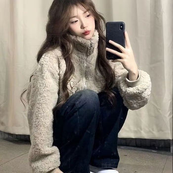Ženski cardigan od lamb fleece s polo ovratnikom, dugi rukav, pulover stil, srednja duljina; udio spandeksa <30%