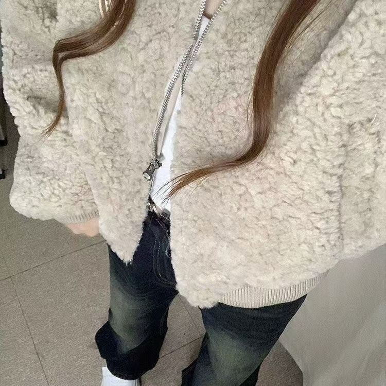 Ženski cardigan od lamb fleece s polo ovratnikom, dugi rukav, pulover stil, srednja duljina; udio spandeksa <30%
