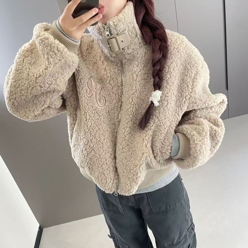 Ženski cardigan od lamb fleece s polo ovratnikom, dugi rukav, pulover stil, srednja duljina; udio spandeksa <30%